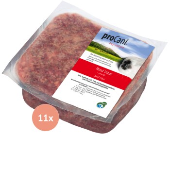 Verpacktes rohes Hundefutter mit der Bezeichnung "proCani Beef Vital" in einem roten und weißen Design, mit einem malerischen Hintergrund und dem Text "11x".