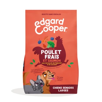 Sac orange Edgard Cooper d'aliment pour chiens seniors grands, poulet et saumon ; inscription « Poulet Frais et Saumon, Chiens Seniors Larges »