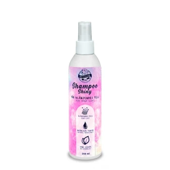 Flasche "Shampoo Shiny" für Haustiere, 250 ml, mit einem pink-weißen Design und Text in Deutsch und Englisch, der ein glänzendes Fell fördert.