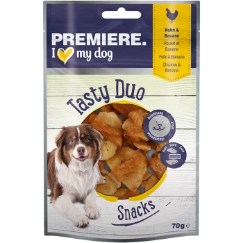 Tasty Duo Snack Huhn mit Banane 7x70g Verpackung für Hundeleckerlis mit einem lächelnden Hund, beschriftet mit "Premiere. I ❤️ my dog" mit "Tasty Duo Snacks" und Geschmacksrichtungen: Huhn & Banane. 70g.