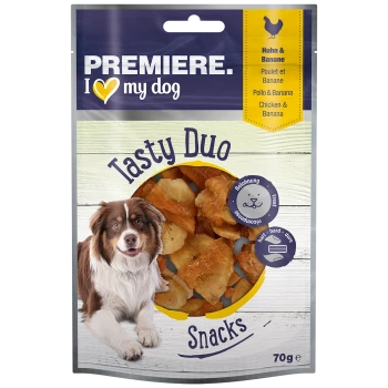 Verpackung für Hundeleckerlis mit einem lächelnden Hund, beschriftet mit "Premiere. I ❤️ my dog" mit "Tasty Duo Snacks" und Geschmacksrichtungen: Huhn & Banane. 70g.