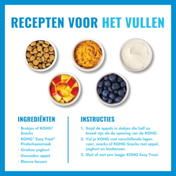 Poster 'RECEPTEN VOOR HET VULLEN' met kommetjes met brokjes, smeersel, yoghurt en fruit; kopjes 'INGREDIËNTEN' en 'INSTRUCTIES'