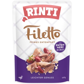 RINTI Filetto Futterbeutel, Bild eines Entenfilets, Text: RINTI, Filetto, Feines Entenfilet, mit Entenherz in Gelee, 100 g