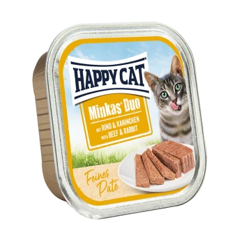 Happy Cat Minkas Duo Katzenfutterverpackung mit einer verspielten Katze, mit Text, der Rind- und Kaninchenaromen angibt, und einem Teller mit Pastete.