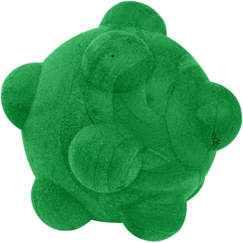 Green plush pet toy shaped like a textured ball with rounded protrusions, designed for dogs or cats.