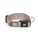Beige gepolstertes Hundehalsband mit schwarzer Plastikschließe und metallischem D‑Ring, 'Max & Molly'-Logo und kleinem Anhänger 'Wenn verloren, bitte zurückgeben'.