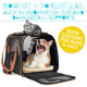 Eine schwarz-orangefarbene Transportbox für Haustiere mit einer Katze oben und einer drinnen. Text: 'ROBUST + FORMSTABIL' und 'RÜCKZUGSORT FÜR HUND & KATZ.'