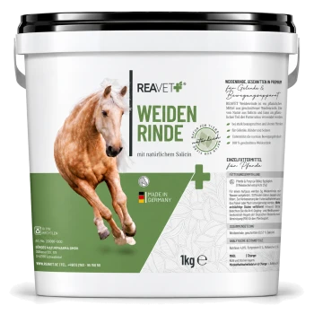 Ein weißes Pferd, das vor einem grünen Hintergrund läuft, dargestellt auf einem 1 kg Behälter beschriftet mit "REAVET WEIDEN RINDE mit natürlichem Salicin," hergestellt in Deutschland.