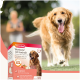 Beaphar Lachsöl-Hundeleckerlis-Box mit Text in Deutsch und Französisch, mit einem Golden Retriever in einer grasbewachsenen Umgebung.