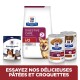 Produits Hills Prescription Diet comprenant de la nourriture sèche, des boîtes de nourriture humide et des friandises hypoallergéniques pour chiens, avec un chien présenté sur l'emballage.