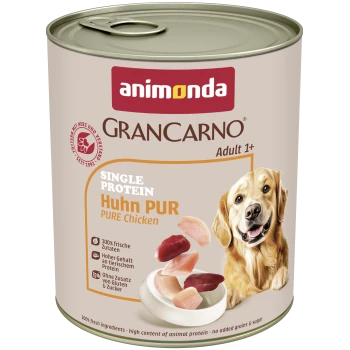 Animonda GranCarno Adult 1+ Hundefutterdose, Aufschrift 'Single Protein Huhn PUR (Pure Chicken)', Hühnerstücke und lächelnder Golden Retriever.