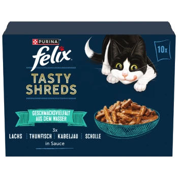 Purina Felix Tasty Shreds kattenvoer verpakking met vis smaken in saus, met een zwart-witte kat en 10 porties.