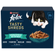 Purina Felix Tasty Shreds Katzenfutterpackung mit Fischgeschmack in Sauce, mit einer schwarz-weißen Katze und 10 Portionen.