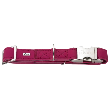Rosa Hundehalsband mit silberner Metallschnalle und D-Ring, Ziernähten und 'HUNTER'-Logo.
