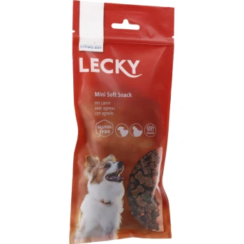 Eine rote Hundeleckerlitasche mit der Aufschrift "LECKY Mini Soft Snack" und einem lächelnden Hund. Der Text enthält "mit Lamm," "GLUTENfrei" und "SOFT SNACK."