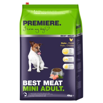 Sac de nourriture pour chien étiqueté 'Premiere Best Meat Mini Adult' avec un petit chien se léchant les lèvres, contenant 40 % de poulet et des ingrédients frais.