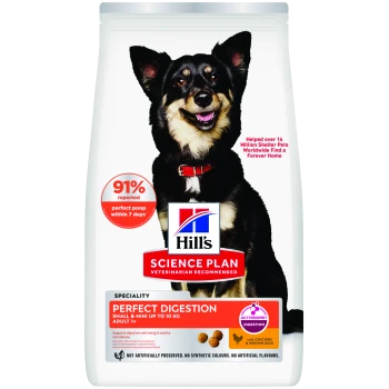 Hill's Science Plan Hundefuttertüte mit lächelndem schwarzem Hund, Label 'Perfect Digestion' und Badge '91% berichteten'