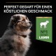 Ein flauschiges Hundeporträt mit einem Halsband, begleitet von dem Text "Perfekt gegart für einen köstlichen Geschmack" und "Nr. 1 Zutat Lamm."