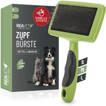 Grüne Tierpflegebürste mit Metallborsten neben einer Box mit einer Katze und einem Hund, beschriftet mit "REAVET care me ZUPF BÜRSTE MITTEL-LANGHAAR."