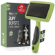Grüne Tierpflegebürste mit Metallborsten neben einer Box mit einer Katze und einem Hund, beschriftet mit "REAVET care me ZUPF BÜRSTE MITTEL-LANGHAAR."