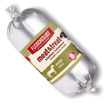 Silberne, wurstförmige Haustierleckerliverpackung mit Aufschrift 'FLEISCHESLUST meat&treat' und Text 'PFERD HORSE' sowie Pferdesymbol.