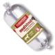 Silberne, wurstförmige Haustierleckerliverpackung mit Aufschrift 'FLEISCHESLUST meat&treat' und Text 'PFERD HORSE' sowie Pferdesymbol.