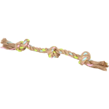 Een kleurrijk gevlochten touwspeelgoed voor huisdieren, met roze, blauwe en neon groene strengen verweven met natuurlijk jute.
