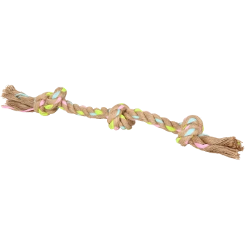 A colorful braided rope toy for pets, featuring pink, blue, and neon green strands intertwined with natural jute.
