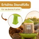 Grüner erhöhter GarPet-Futterspender für Geflügel mit fressenden Hühnern; Bannertext ‚Erhöhte Standfüße‘ und ‚für sauberes Futter‘