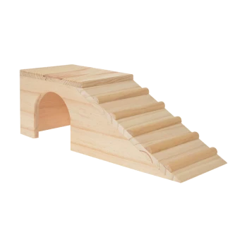 Rampe en bois pour animaux de compagnie avec des escaliers et une arche, conçue pour que les petits animaux puissent facilement accéder aux zones surélevées.