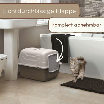 Geschlossene Katzentoilette mit transluzenter, abnehmbarer Klappe im Badezimmer, Katze daneben; Text: 'Lichtdurchlässige Klappe' und 'komplett abnehmbar'.