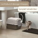 Geschlossene Katzentoilette mit transluzenter, abnehmbarer Klappe im Badezimmer, Katze daneben; Text: 'Lichtdurchlässige Klappe' und 'komplett abnehmbar'.