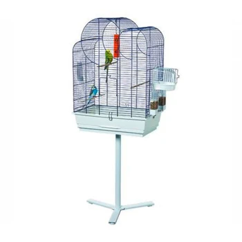 A tall, white birdcage with a blue wire frame, featuring two colorful birds perched inside, a feeding cup, and a pull-out tray.