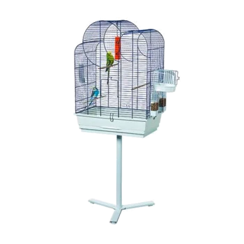 A tall, white birdcage with a blue wire frame, featuring two colorful birds perched inside, a feeding cup, and a pull-out tray.