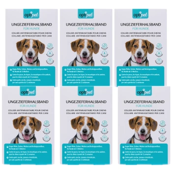 Sechs Pakete von "optipet" Floh- und Zeckenhalsbändern für Hunde, mit mehrsprachigem Text und Bildern von Hunden auf der Vorderseite.