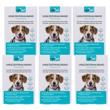 Sechs Pakete von "optipet" Floh- und Zeckenhalsbändern für Hunde, mit mehrsprachigem Text und Bildern von Hunden auf der Vorderseite.
