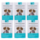Sechs Pakete von "optipet" Floh- und Zeckenhalsbändern für Hunde, mit mehrsprachigem Text und Bildern von Hunden auf der Vorderseite.