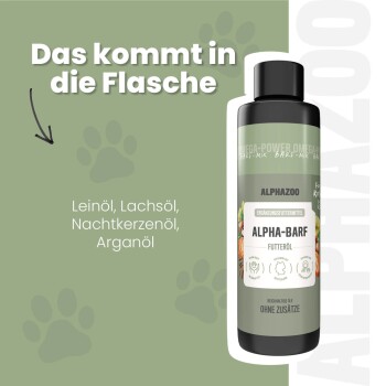 Flasche Alphazoo Alpha-Barf Haustieröl mit Zutatenliste: Leinöl, Lachsöl, Nachtkerzenöl, Arganöl.