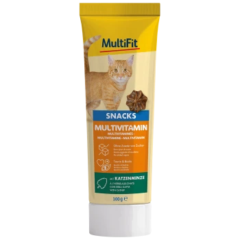 Tube de collations multivitaminées MultiFit pour chats, présentant un chat tigré orange, avec un texte mettant en avant "Sans sucres ajoutés" et "Taurine & Biotine."