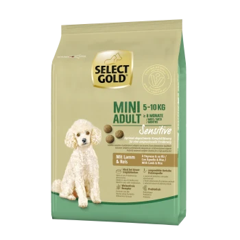 Select Gold Mini Adult Hundefuttertüte, 5-10 kg, für empfindliche Hunde, mit einem weißen Pudel und Text, der Lamm- und Reiszutaten hervorhebt.
