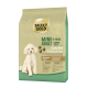 Select Gold Mini Adult Hundefuttertüte, 5-10 kg, für empfindliche Hunde, mit einem weißen Pudel und Text, der Lamm- und Reiszutaten hervorhebt.
