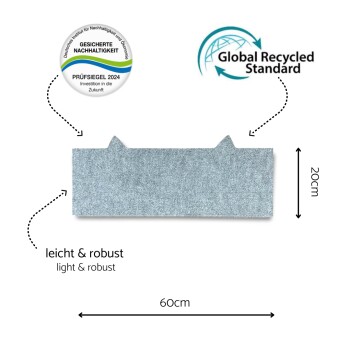 Graue Haustiermatte mit Katzenohren-Ausschnitten, Maße 60 cm x 20 cm, beschriftet mit "leicht & robust" und mit Nachhaltigkeitszertifikaten.