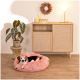 Ein rosa Haustierbett auf einem Holzboden mit einem Beagle darin, umgeben von einer Pflanze, einer Lichtquelle und einem dekorativen Holzschrank.