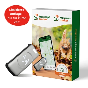 Bild eines Pakets mit einem Haustier-Tracker, das ein Smartphone zeigt, das eine Karte und eine Katze anzeigt. Der Text lautet "Limitierte Auflage - nur für kurze Zeit" und "Outdoor."