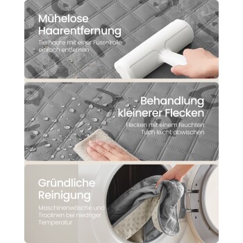 Reinigungsanleitung für Haustierbetten mit Abschnitten: einfache Haarentfernung, Fleckenbehandlung und gründliche Reinigung, mit einem Fusselroller, Tuch und Waschmaschine.