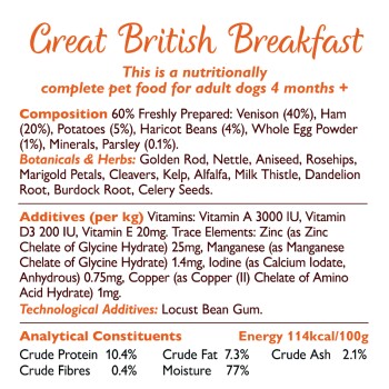 Great British Breakfast huisdiervoeding voor volwassen honden, met hertenvlees, ham en verschillende botanicals. Voedingsinformatie en ingrediënten vermeld.