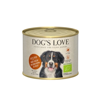 Nourriture pour chiens en conserve étiquetée "DOG'S LOVE," contenant du bœuf bio, du riz, de la pomme et de la courgette. Le texte comprend "100% BIO" et "feine Kost für feine Hunde."