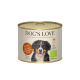 Dosenfutter für Hunde mit der Aufschrift "DOG'S LOVE", das aus Bio-Rindfleisch, Reis, Apfel und Zucchini besteht. Der Text enthält "100% BIO" und "feine Kost für feine Hunde."