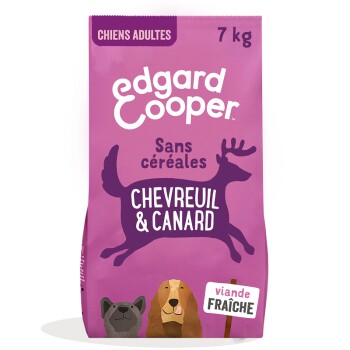 Sac de nourriture pour chien Edgard Cooper sans céréales, 7 kg, étiqueté "Chevreuil & Canard" avec "viande fraîche."