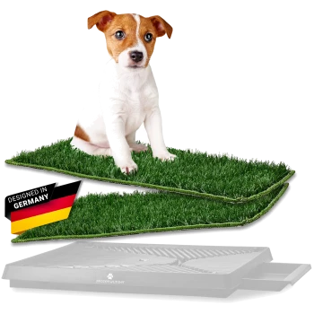 Zwei rechteckige Stücke aus künstlichem Gras mit üppigem grünem Aussehen, entworfen für die Nutzung durch Haustiere, auf einem weißen Hintergrund präsentiert.
